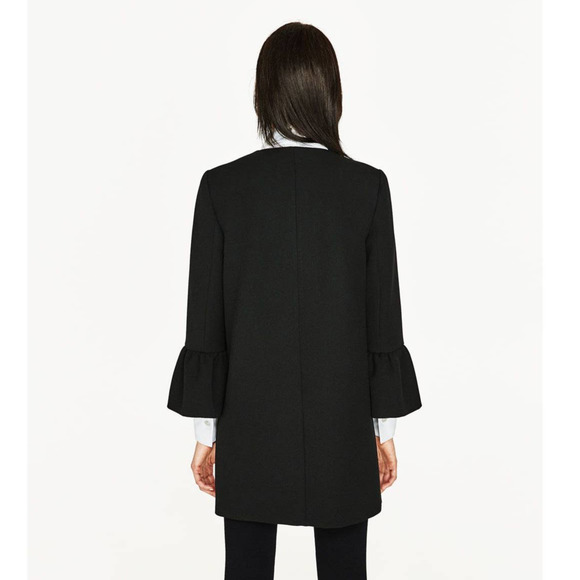 ZARA Bell Sleeve Collarless Coat Long Black Jacket - Picture 3 of 12